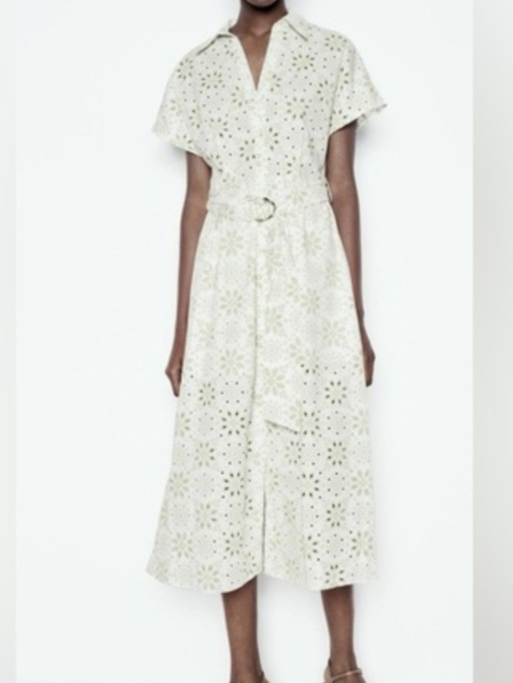 Zara Cream White Eyelet Midi Shirt Dress with Belt